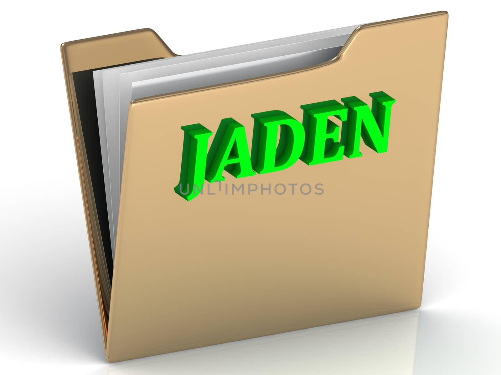 JADEN- Name and Family bright letters on gold folder on a white backgJADEN- bright green letters on gold paperwork folder on a white backgroundround