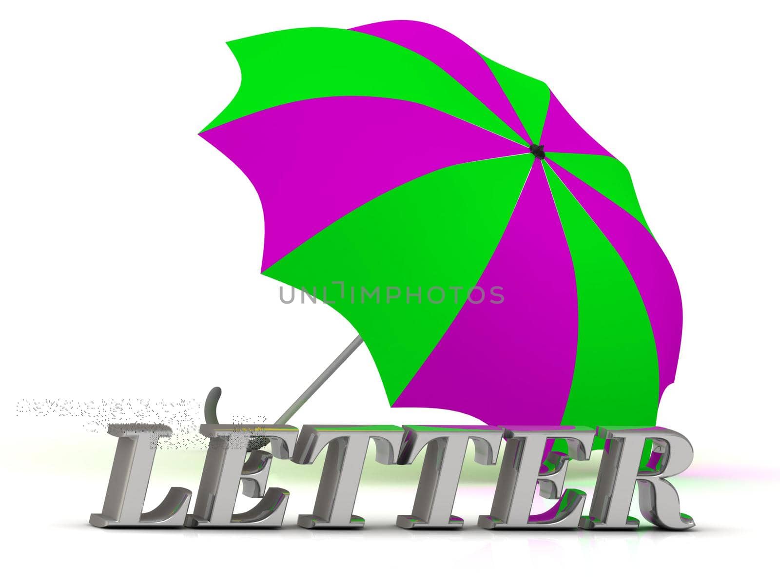 LETTER- inscription of silver letters and umbrella on white background