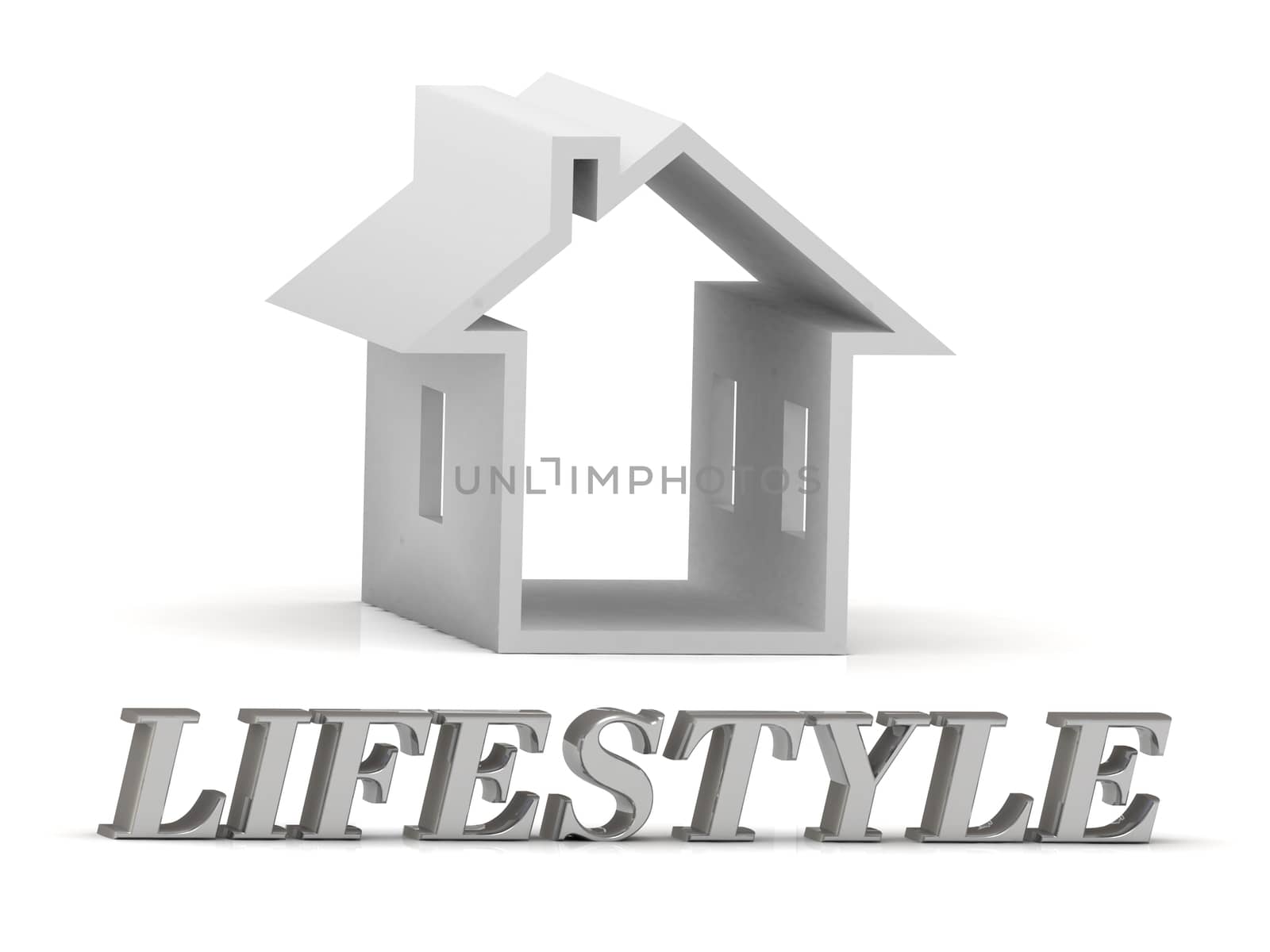 LIFESTYLE- inscription of silver letters and white house on white background