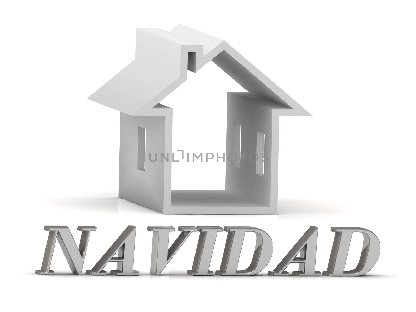 NAVIDAD- inscription of silver letters and white house on white background