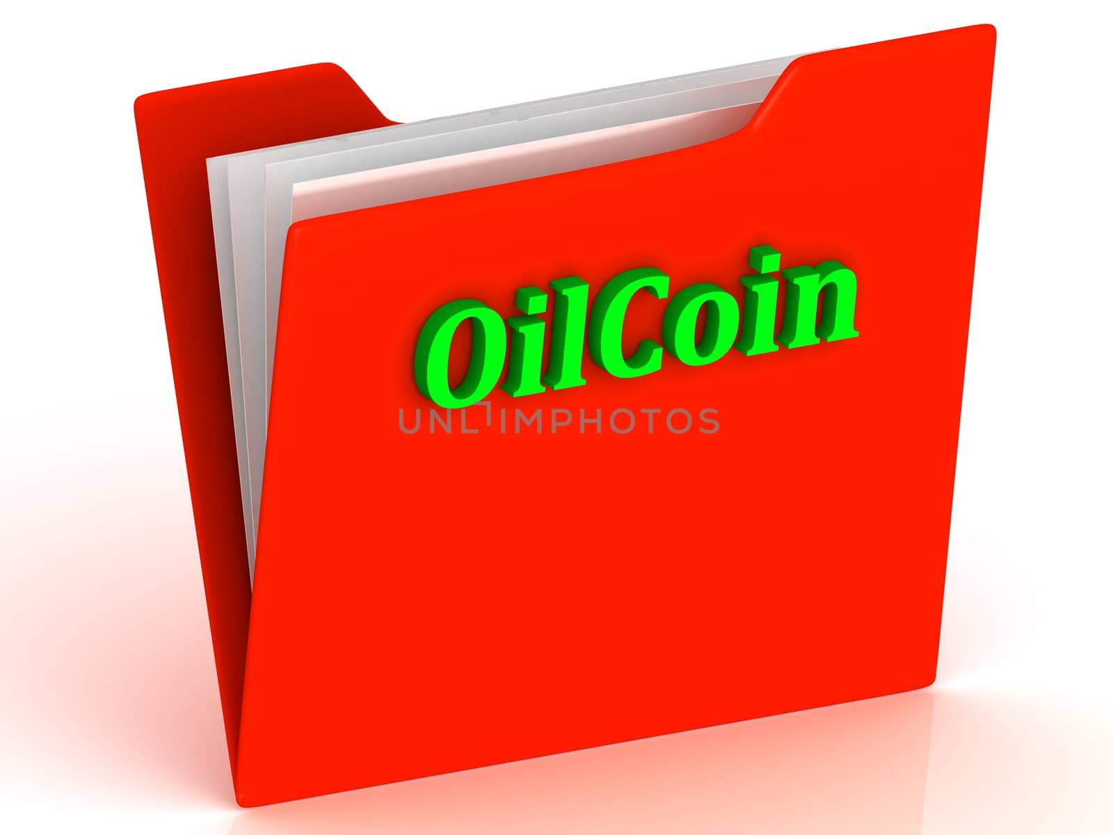 OilCoin- bright green letters on red paperwork folder witch paper list on a white background