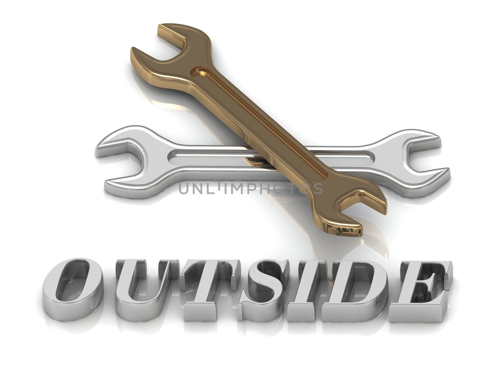 OUTSIDE- inscription of metal letters and 2 keys on white background