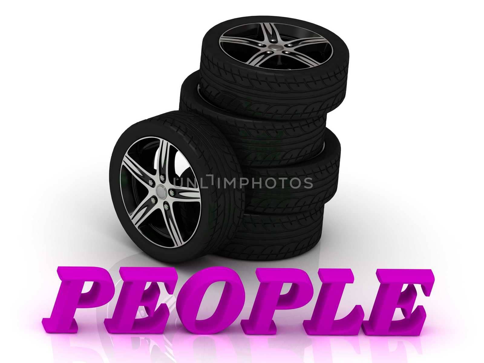 PEOPLE- bright letters and rims mashine black wheels on a white background