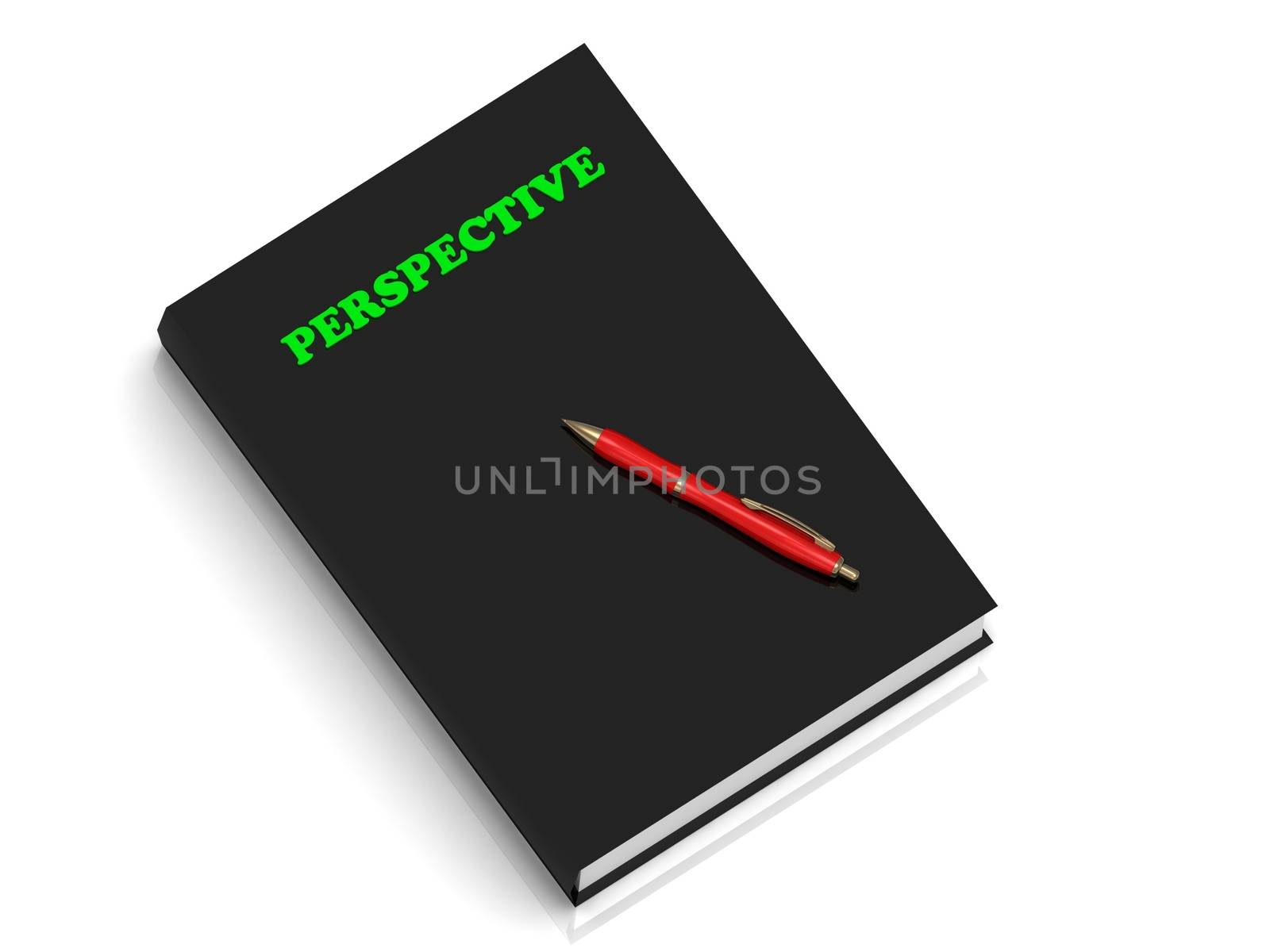 PERSPECTIVE- inscription of green letters on black book on white background