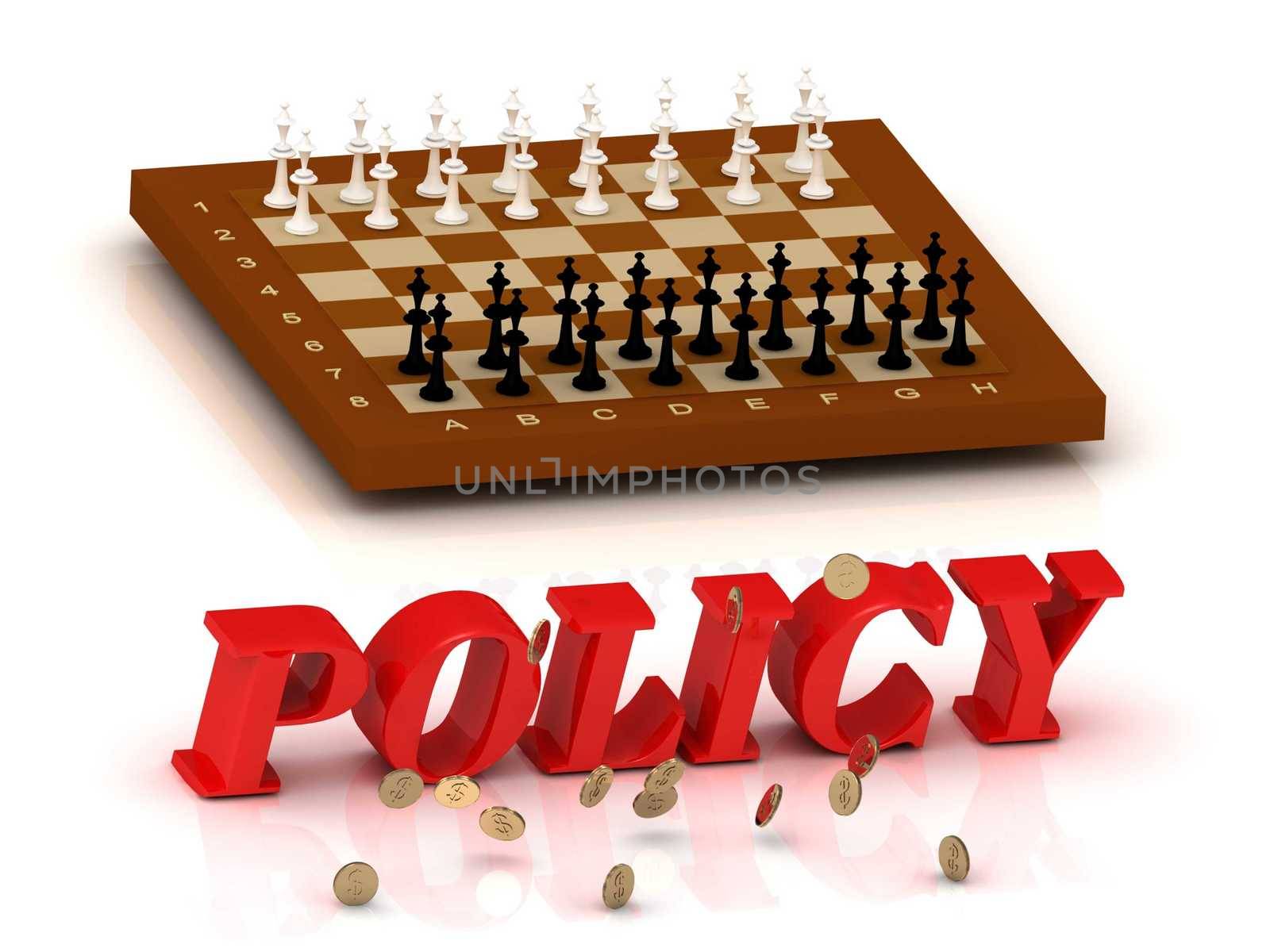 POLICY - inscription of color letters and chess on white background