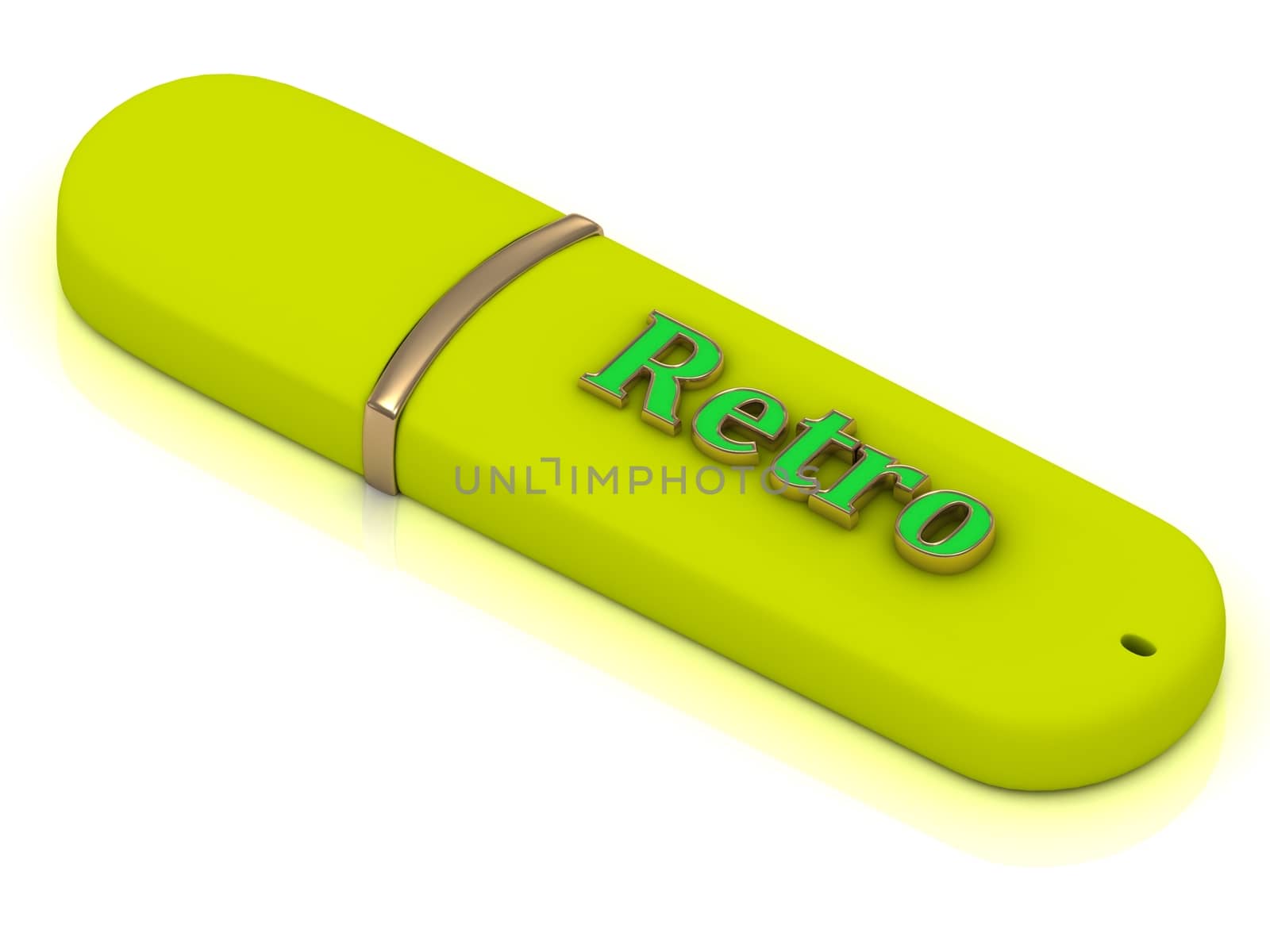 Retro flash - inscription bright green volume letter on yellow USB flash drive on white background