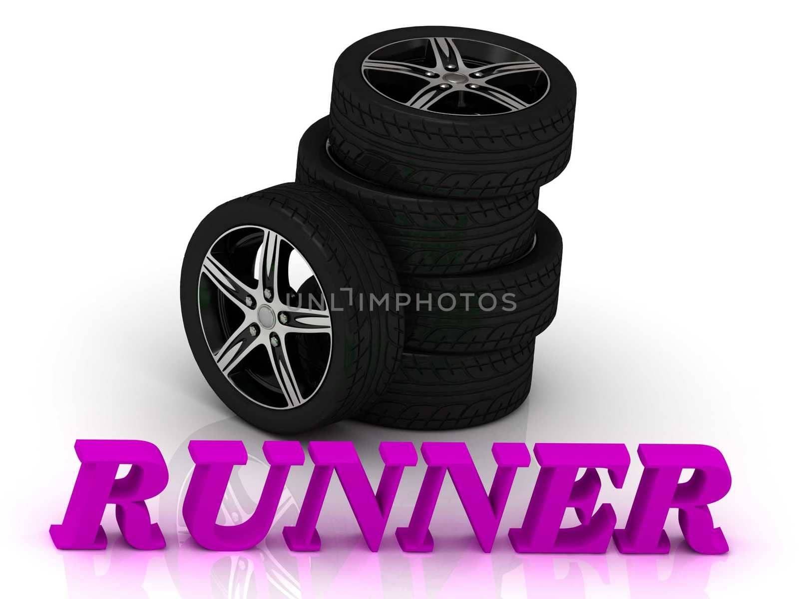 RUNNER- bright letters and rims mashine black wheels on a white background