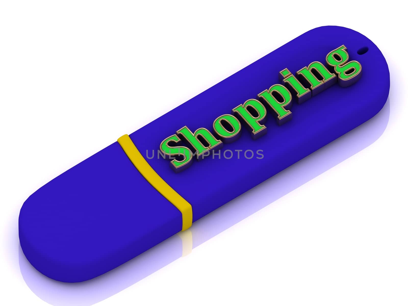 Shopping - inscription bright green volume letter on blue USB flash drive on white background