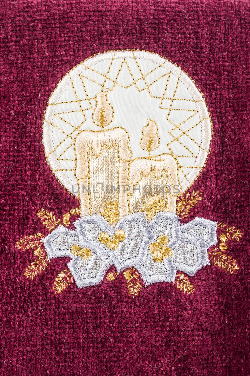 light of candles hand embroidered on red towel