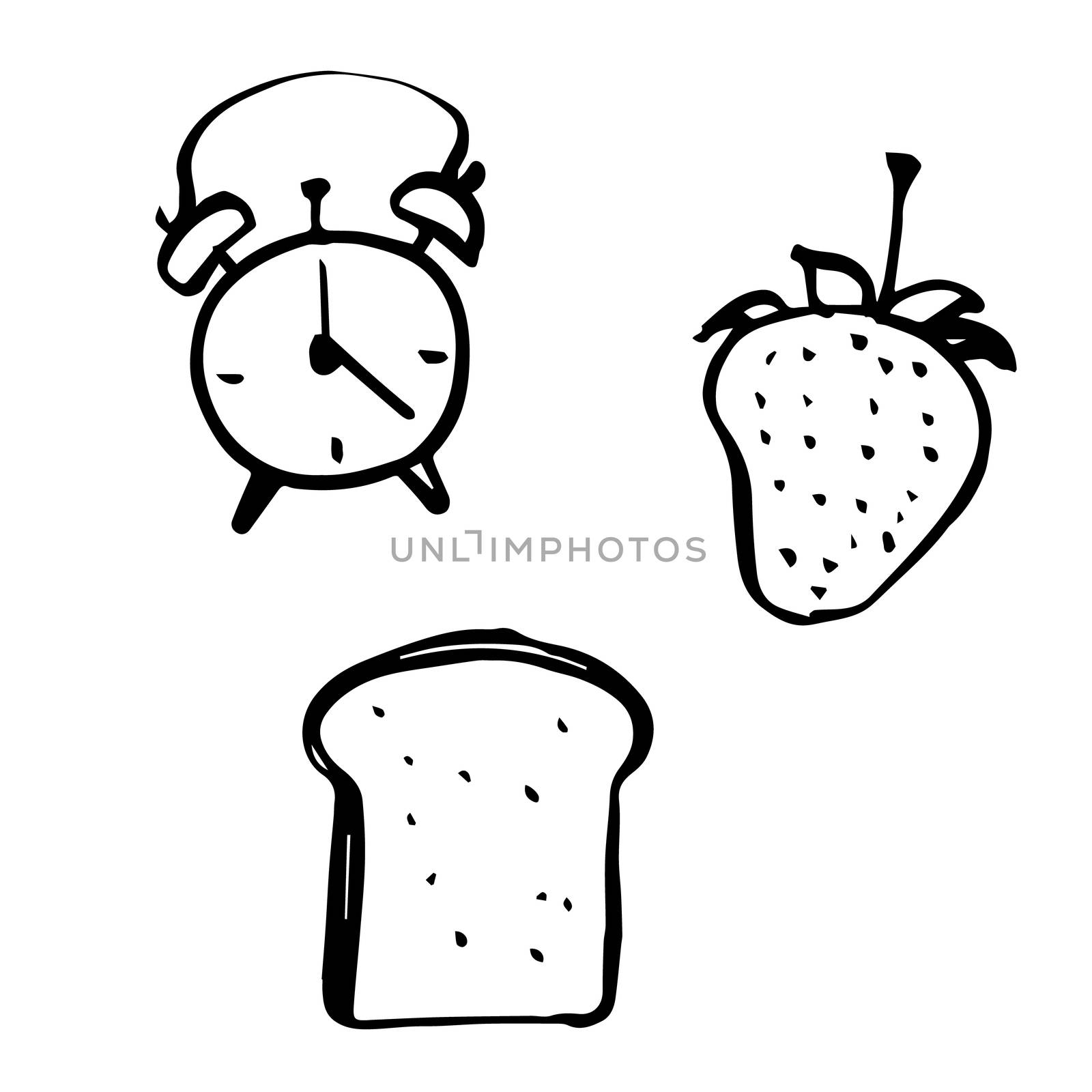 freehand sketch illustration of alarm clock, bread and strawberry, morning icons doodle hand drawn