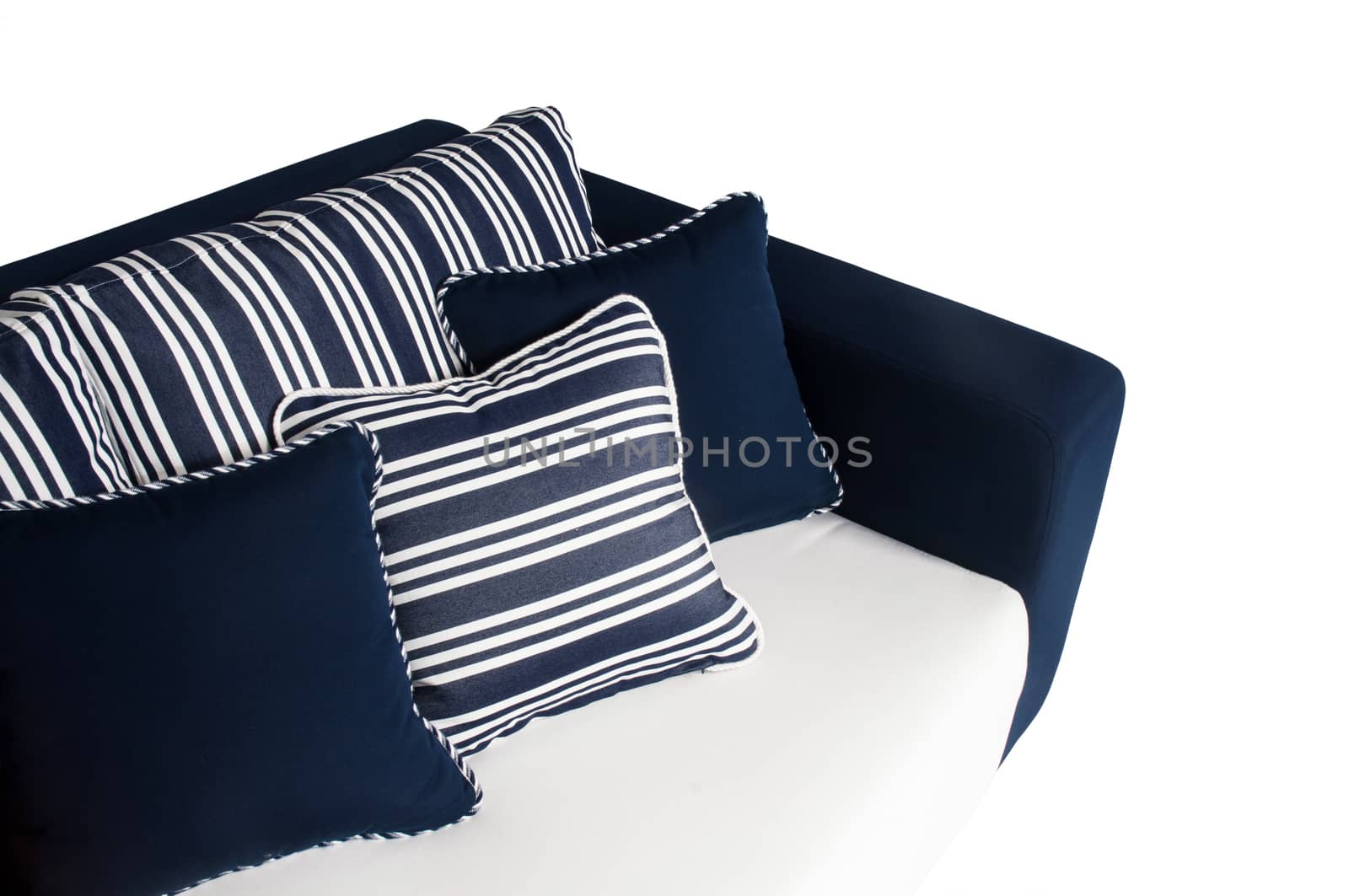 Outdoor sofa with cushions and pillows on white background