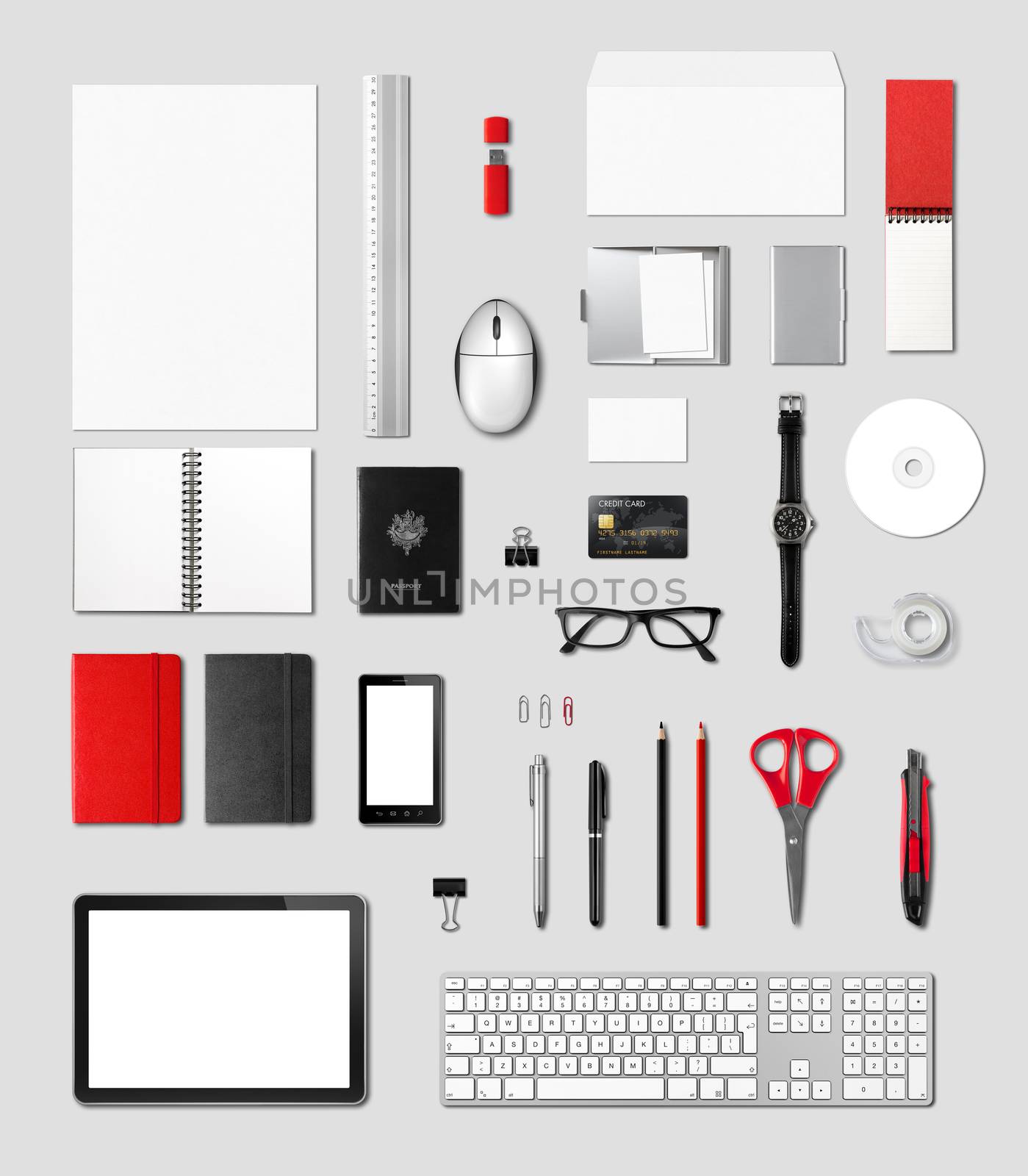 Office supplies mockup template, isolated on grey background