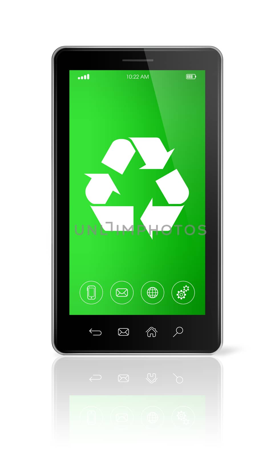3D Smartphone with a recycling symbol on screen. environmental conservation concept