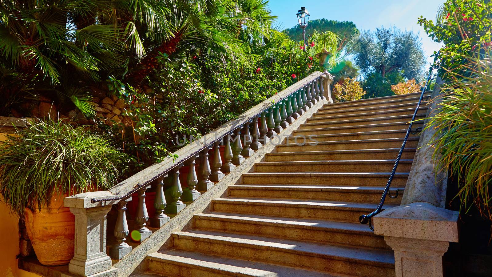 Brown concrete stair in city garden. The sun is shining into the lens