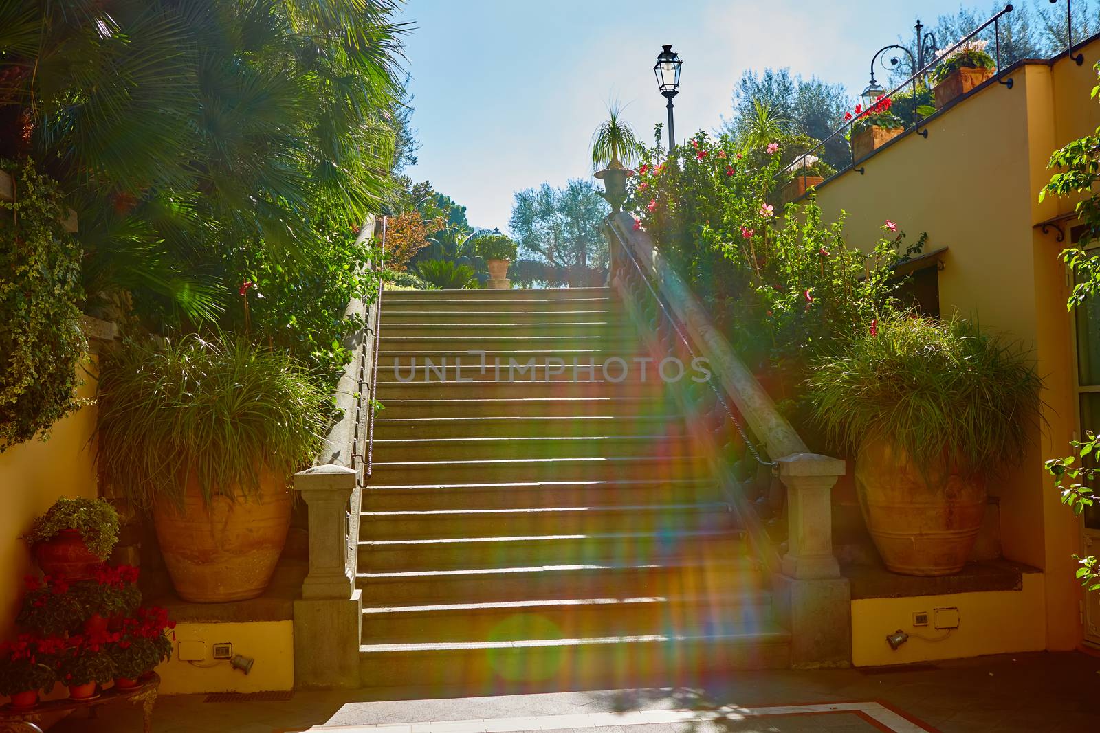 Brown concrete stair in city garden. The sun is shining into the lens