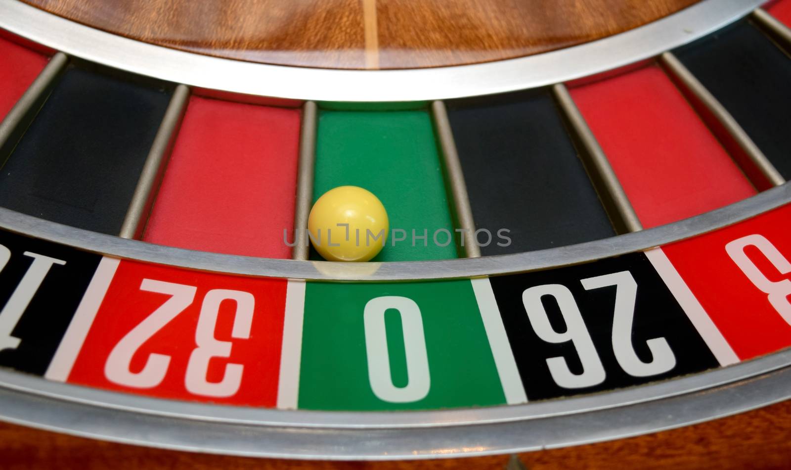 ball in winning number zero at roulette wheel