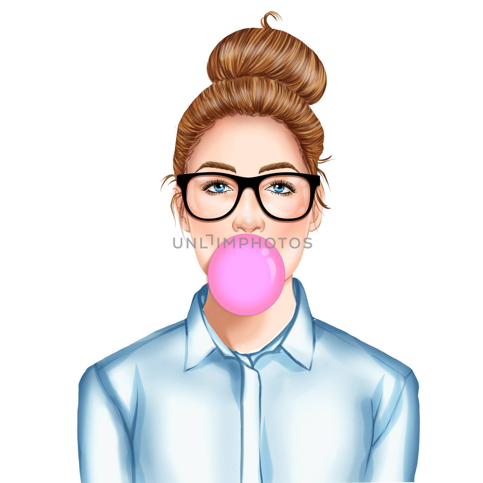 Hand drawn raster Illustration - Fashion Illustration of beautiful young pretty girl with glasses chewing bubble gum