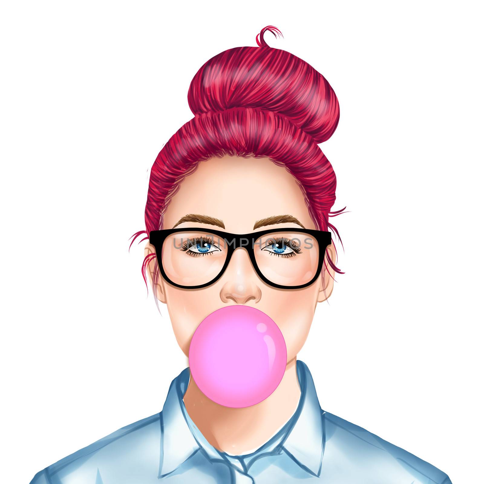 Hand drawn raster Illustration - Fashion Illustration of beautiful young pretty girl with glasses chewing bubble gum