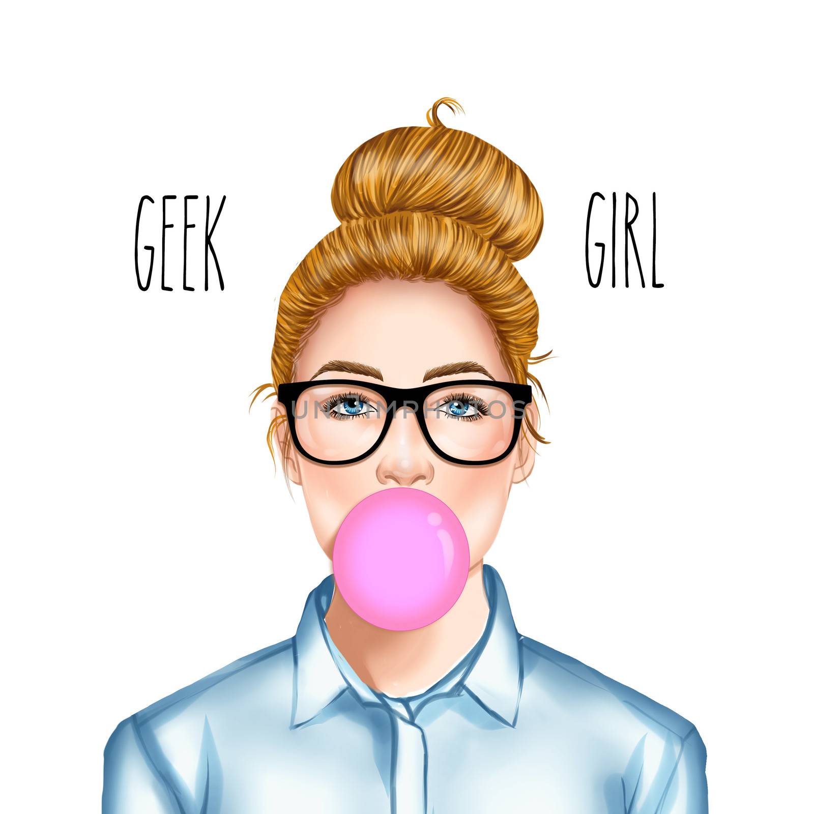 Hand drawn raster Illustration - Fashion Illustration of beautiful young pretty girl with glasses chewing bubble gum by GGillustrations