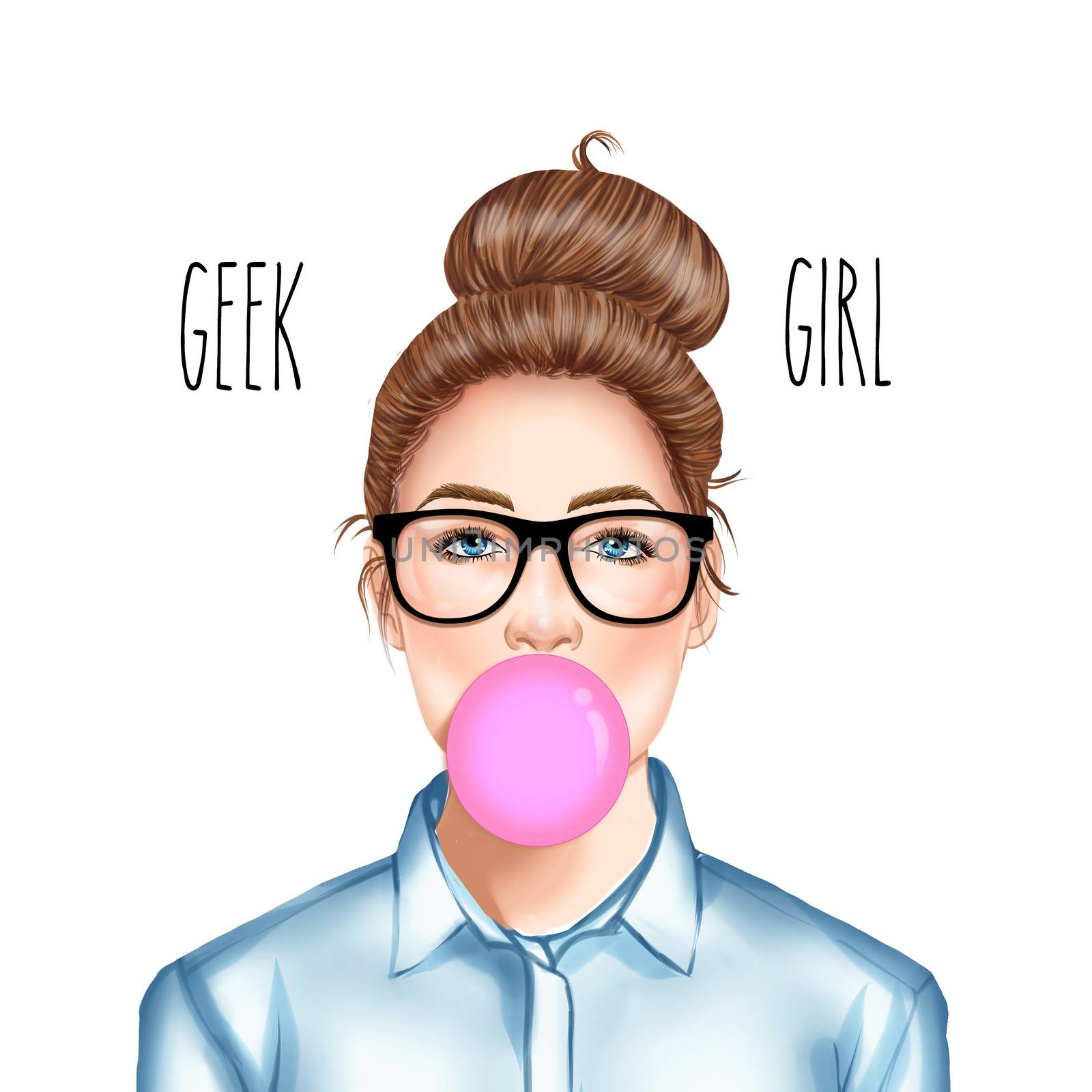 Hand drawn raster Illustration - Fashion Illustration of beautiful young pretty girl with glasses chewing bubble gum by GGillustrations