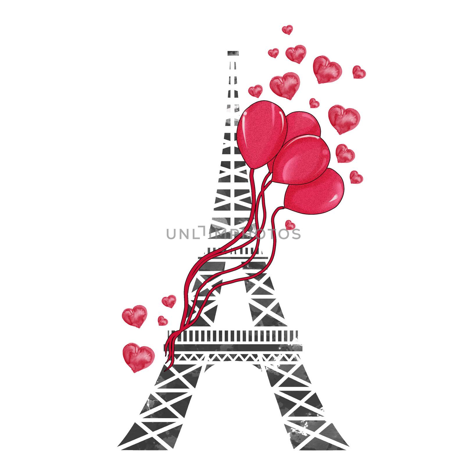 watercolor hand drawn illustration - Eiffel tower with ballons and hearts by GGillustrations