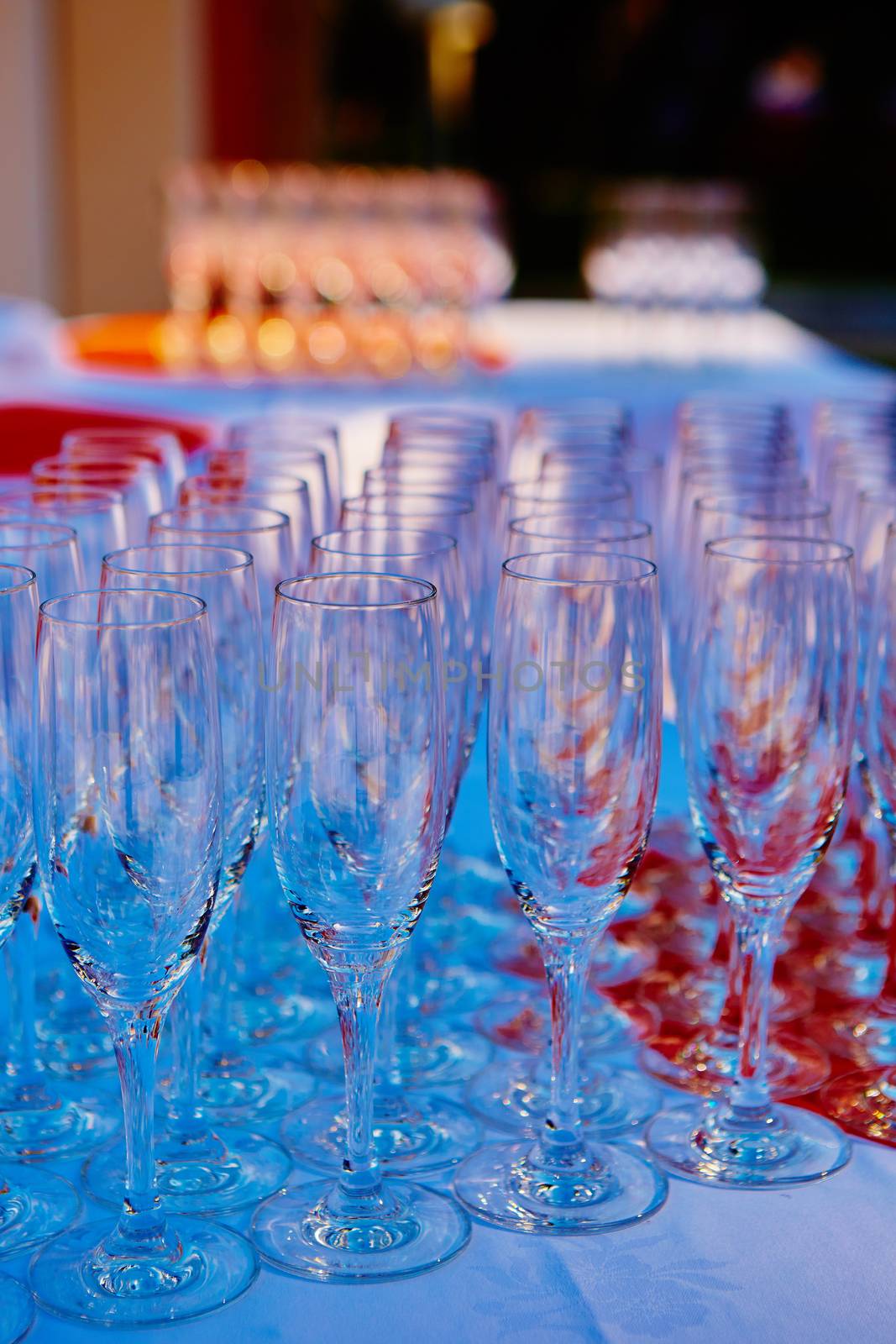 Empty wine glasses arranged in row, setup for wedding ceremony.