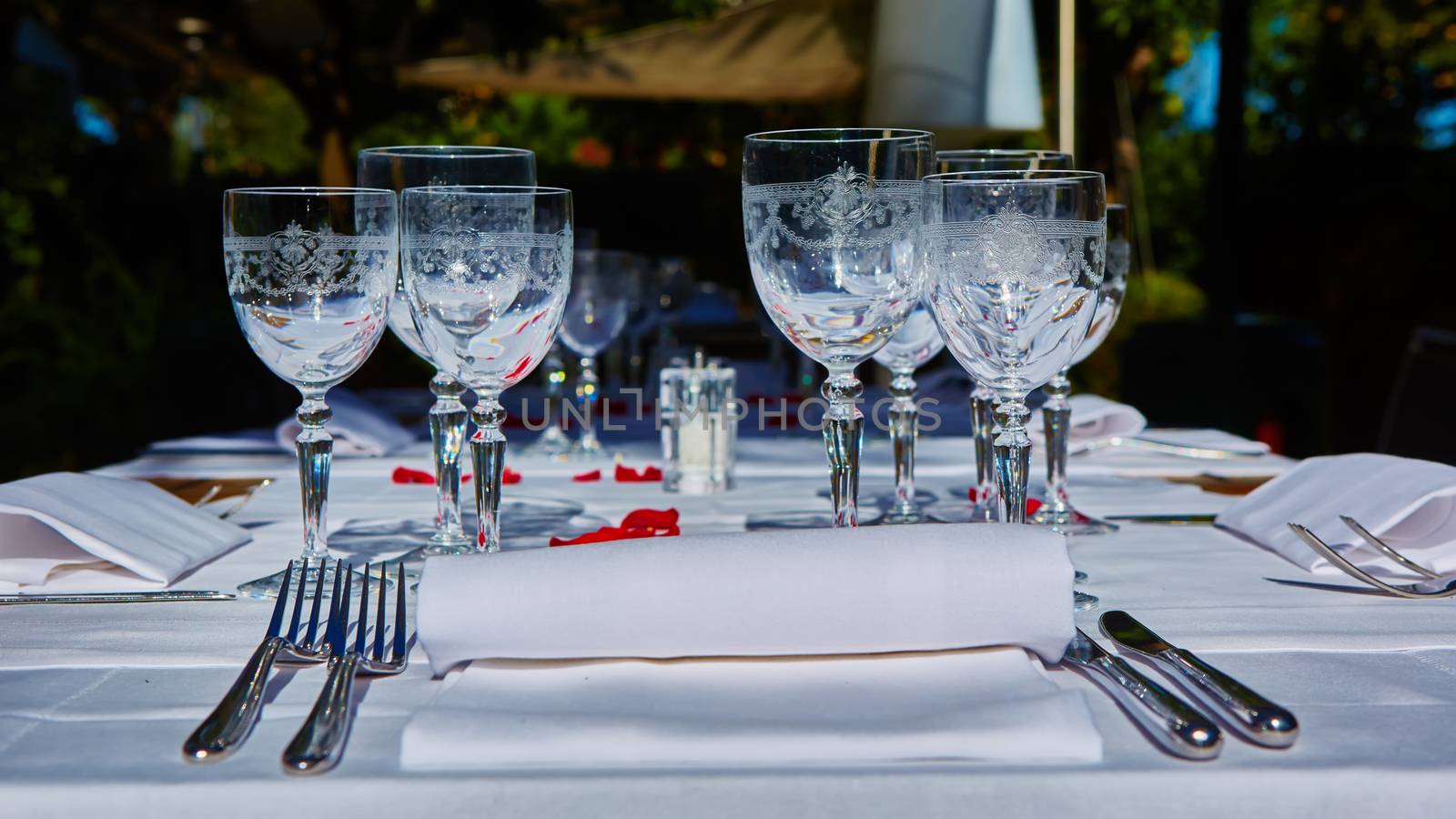 table setup in outdoor cafe, small restaurant in a hotel, summer vacations, meal time