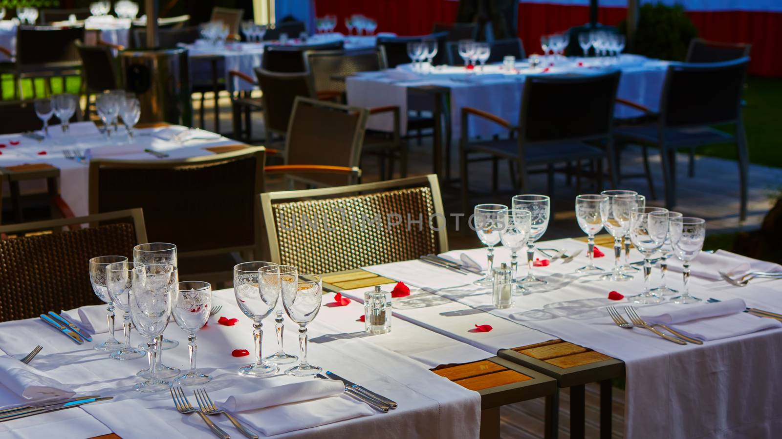 table setup in outdoor cafe, small restaurant in a hotel, summer vacations, meal time