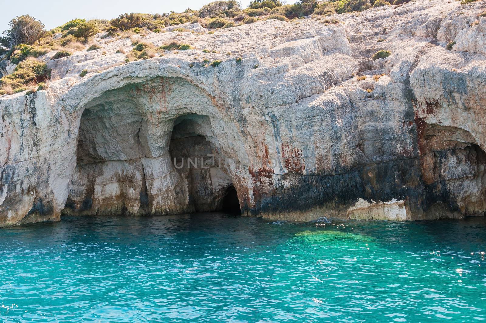 Blue caves on Zakynthos Island seen from the boat