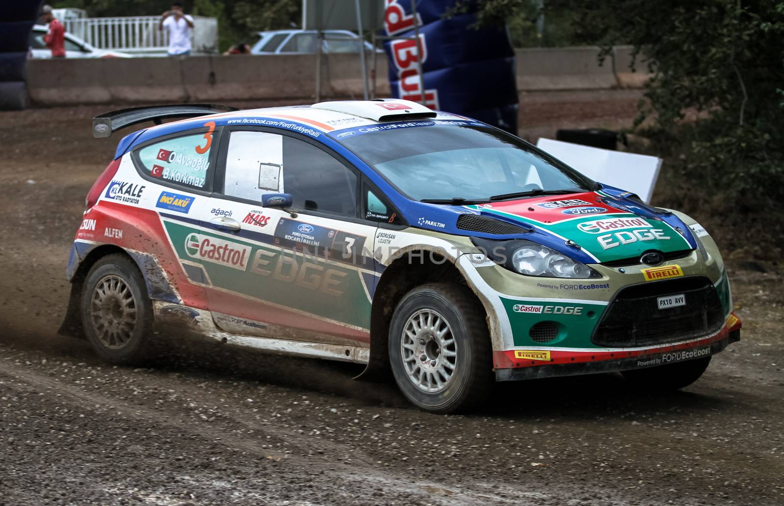 KOCAELI, TURKEY - AUGUST 23, 2015: Orhan Avcioglu with Ford Fiesta S2000 of Castrol Ford Team Turkiye in Kocaeli Rally 2015