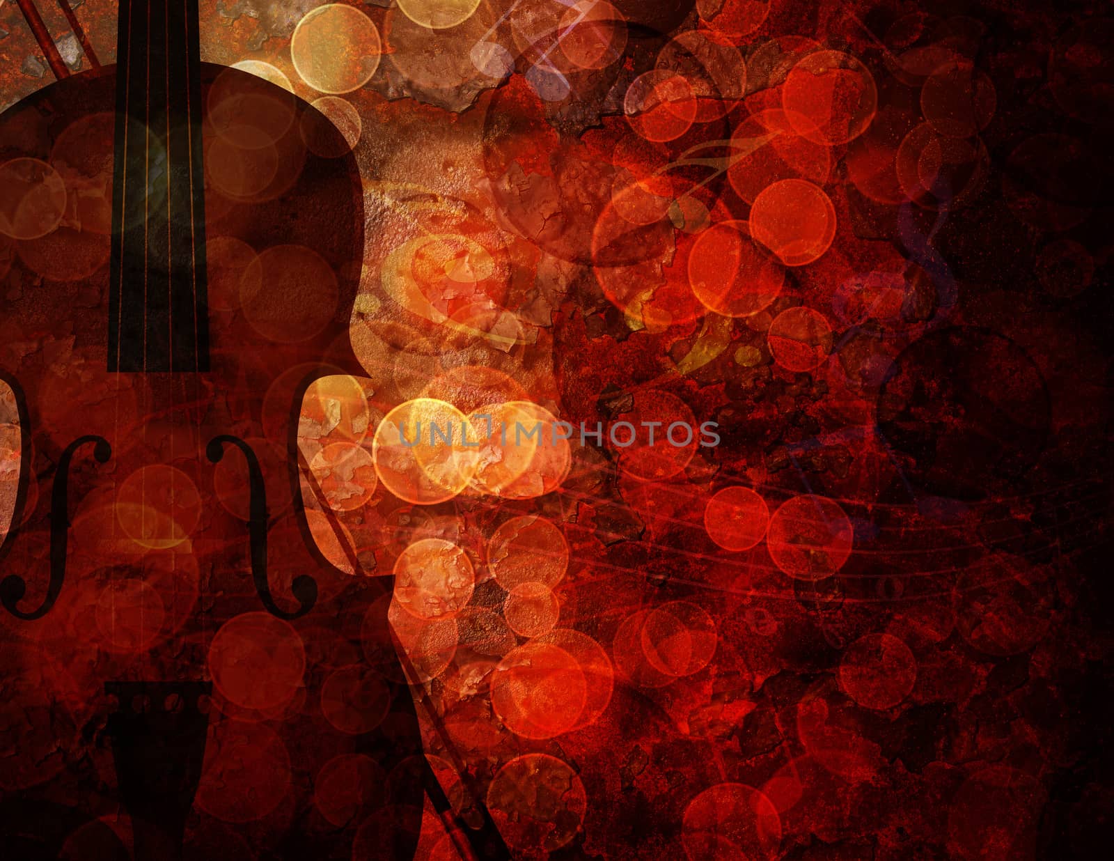 Violin with Bokeh Musical Notes and Red Grunge Texture Background Illustration
