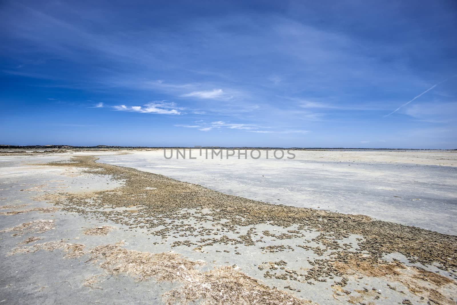 Perfect beach scene of low  tide and pristine white sand and bright blue sky