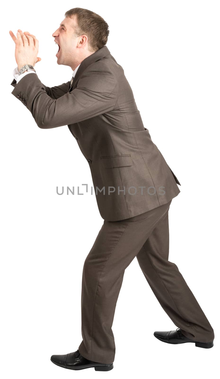 Businessman screaming loud isolated on white background, side view