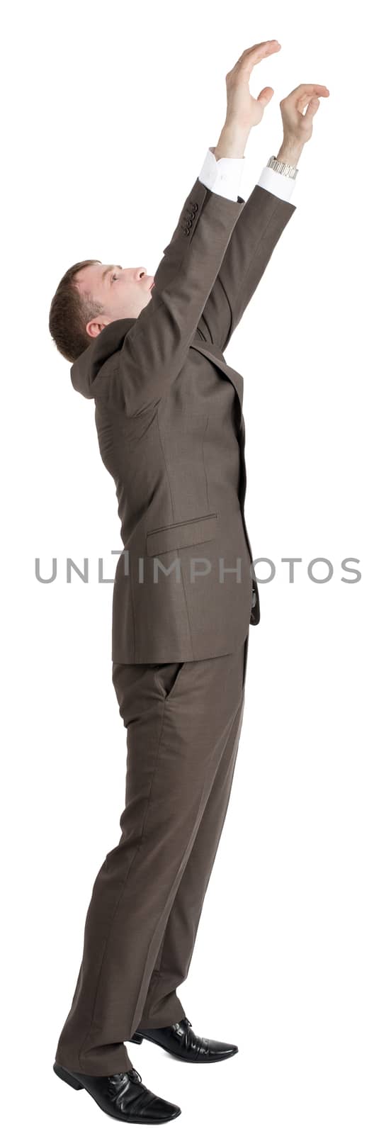 Businessman with hands up isolated on white background, side view