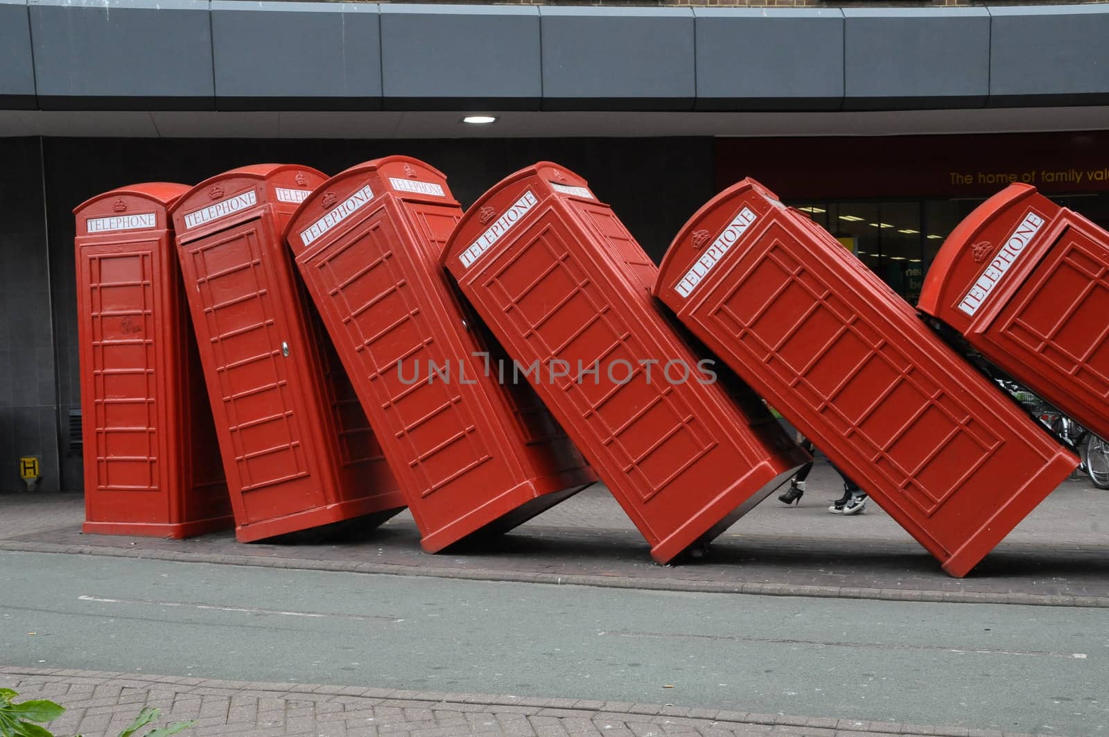 Real phone boxes sculpture on London