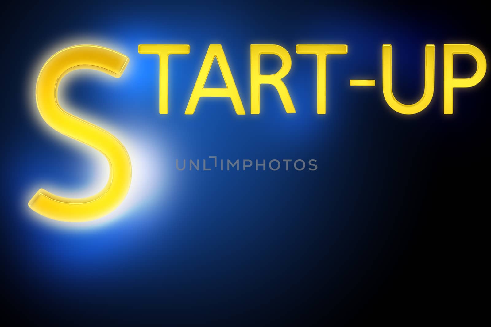 Gold word start-up on blue background, close up view