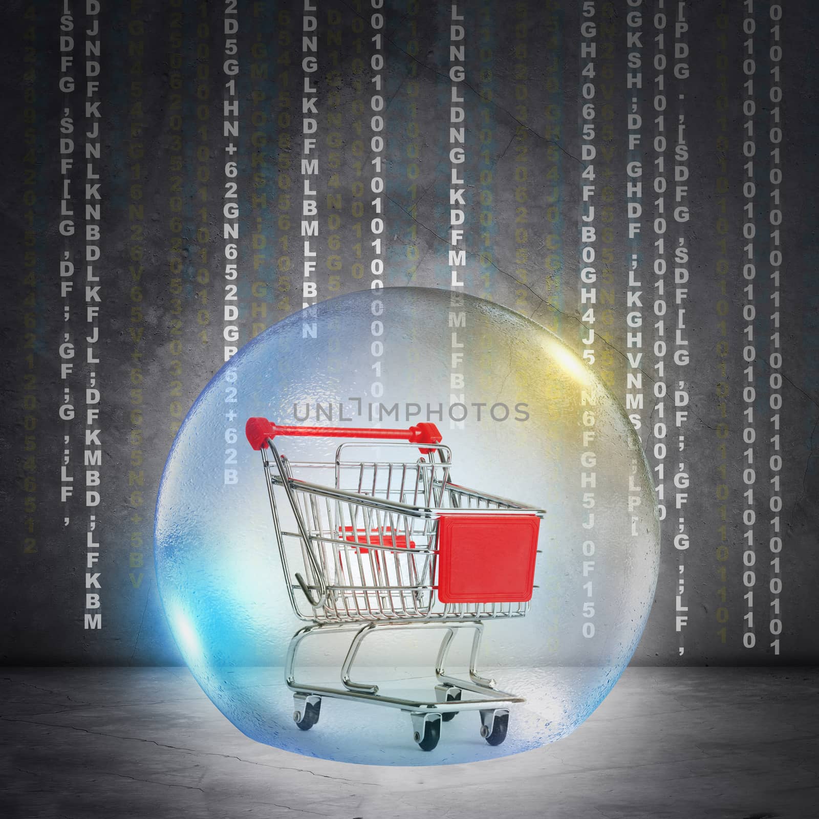 Shopping cart in bubble on abstract grey background
