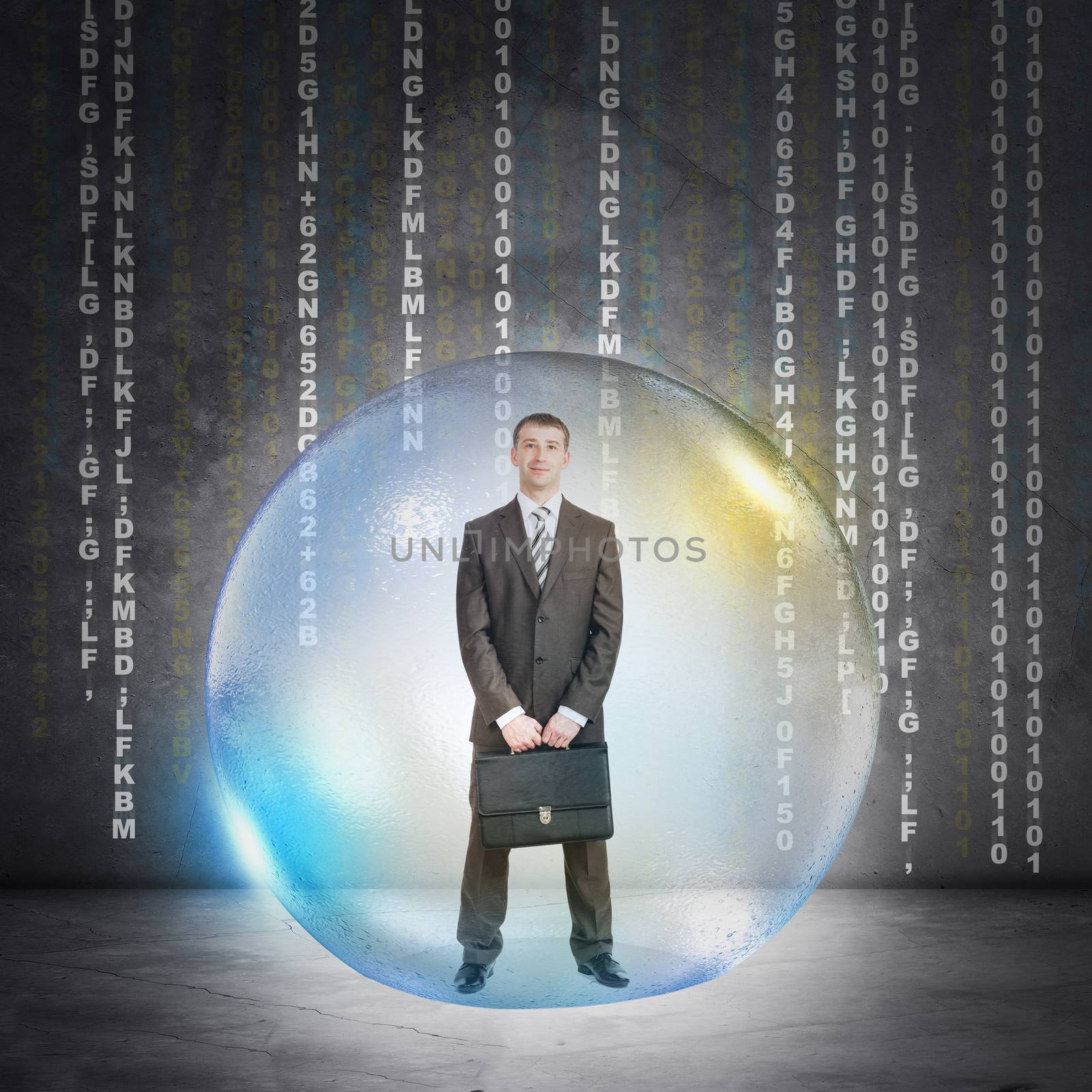 Businessman with suitcase in bubble on abstract grey background