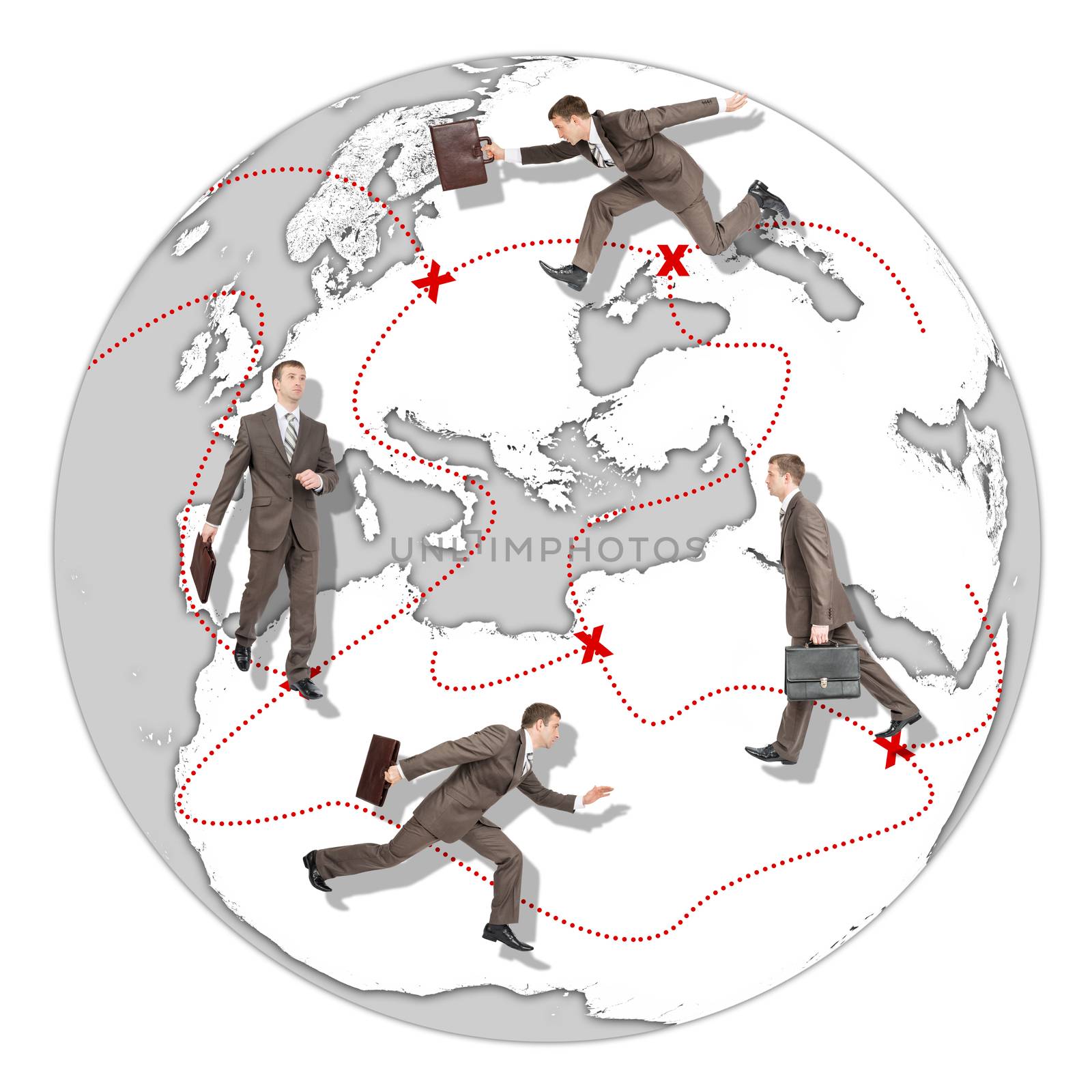 Set of businessman running the world with red arrow