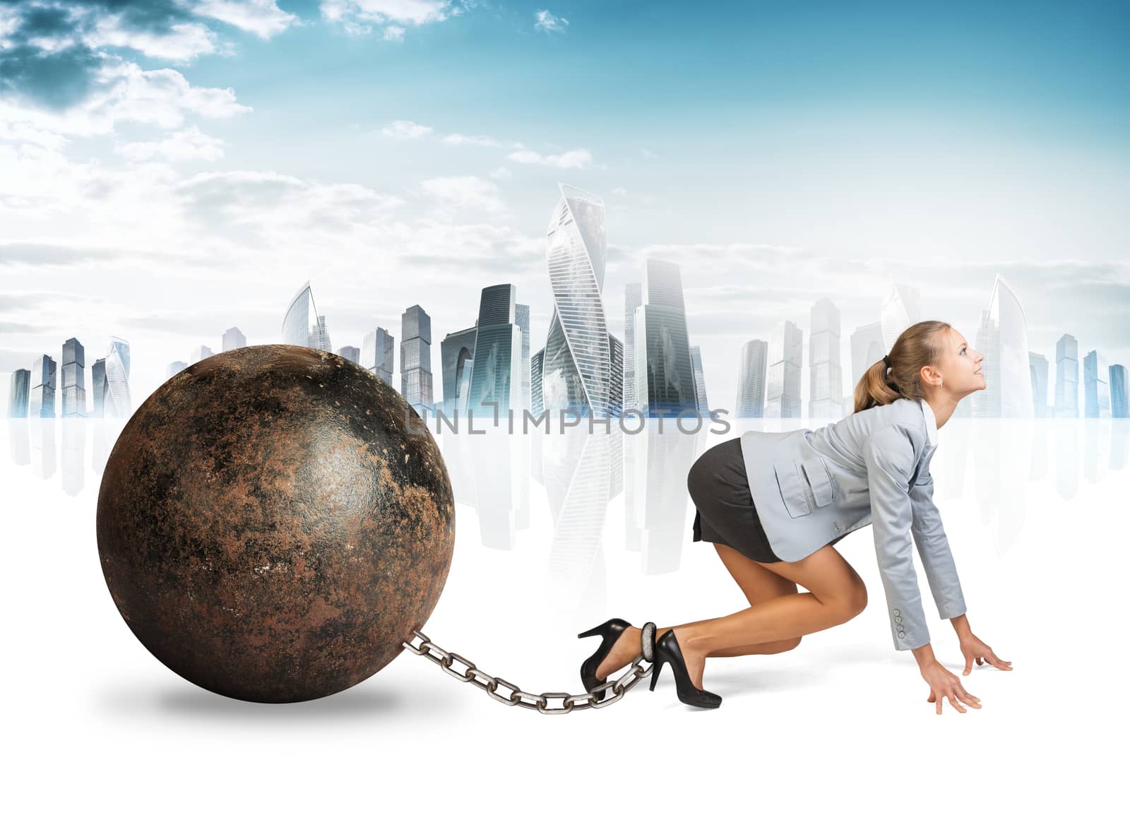 Businesswoman with iron ball by cherezoff