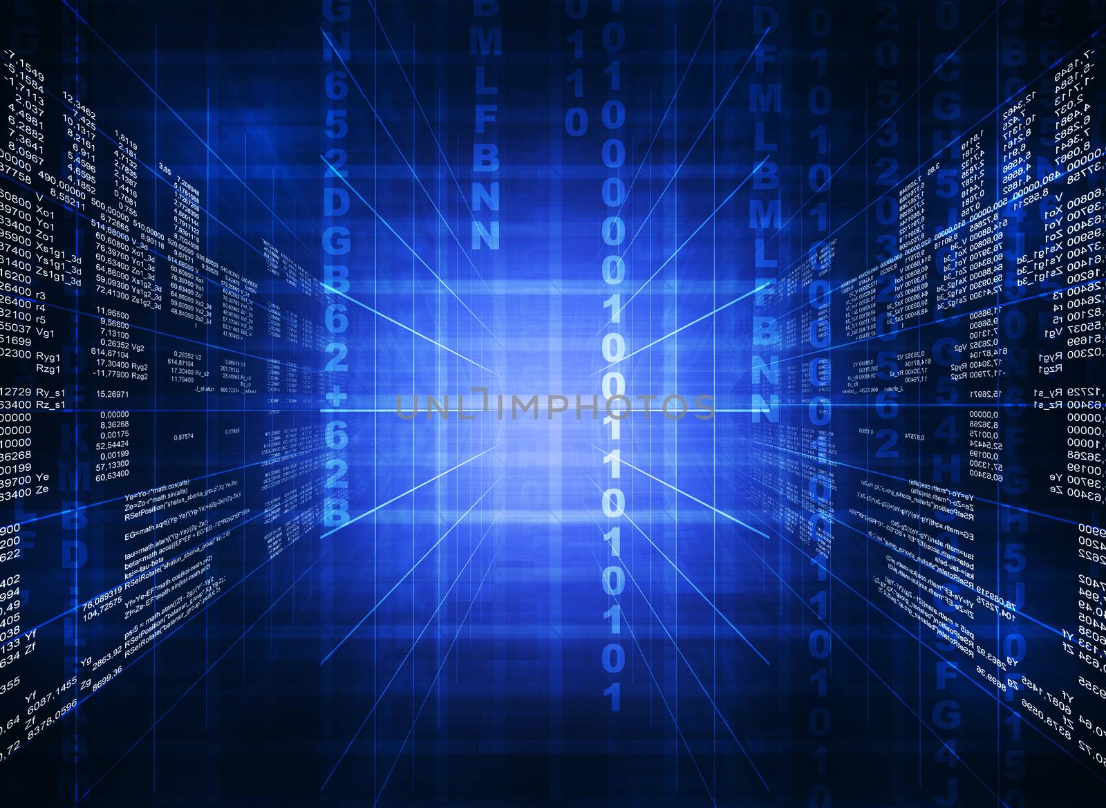 Binary computer code. Matrix blue abstract background