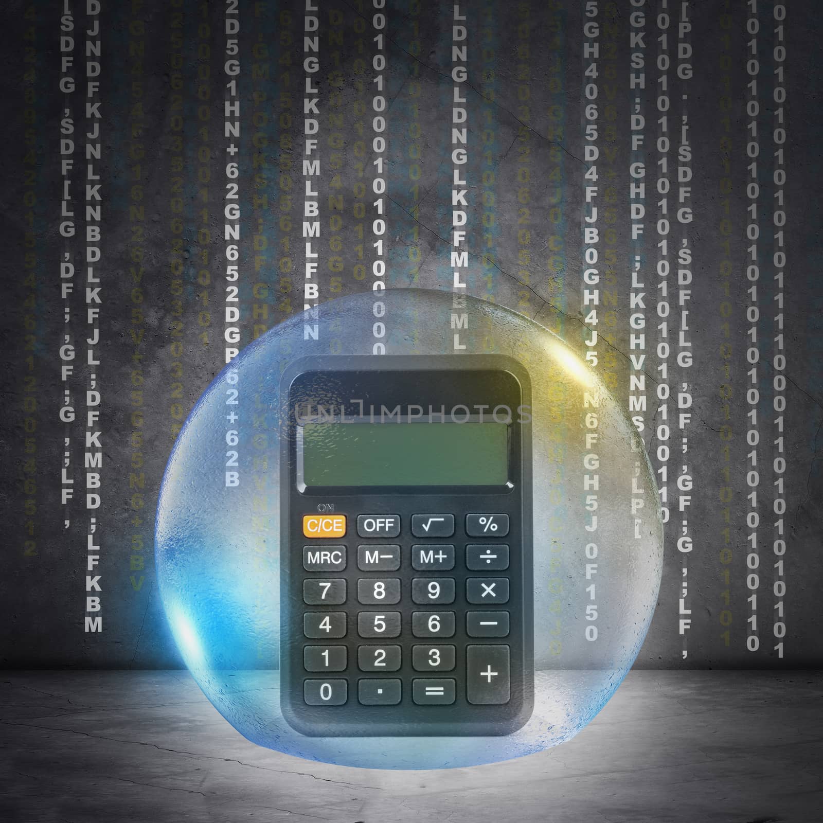 Calculator in bubble on abstract grey background
