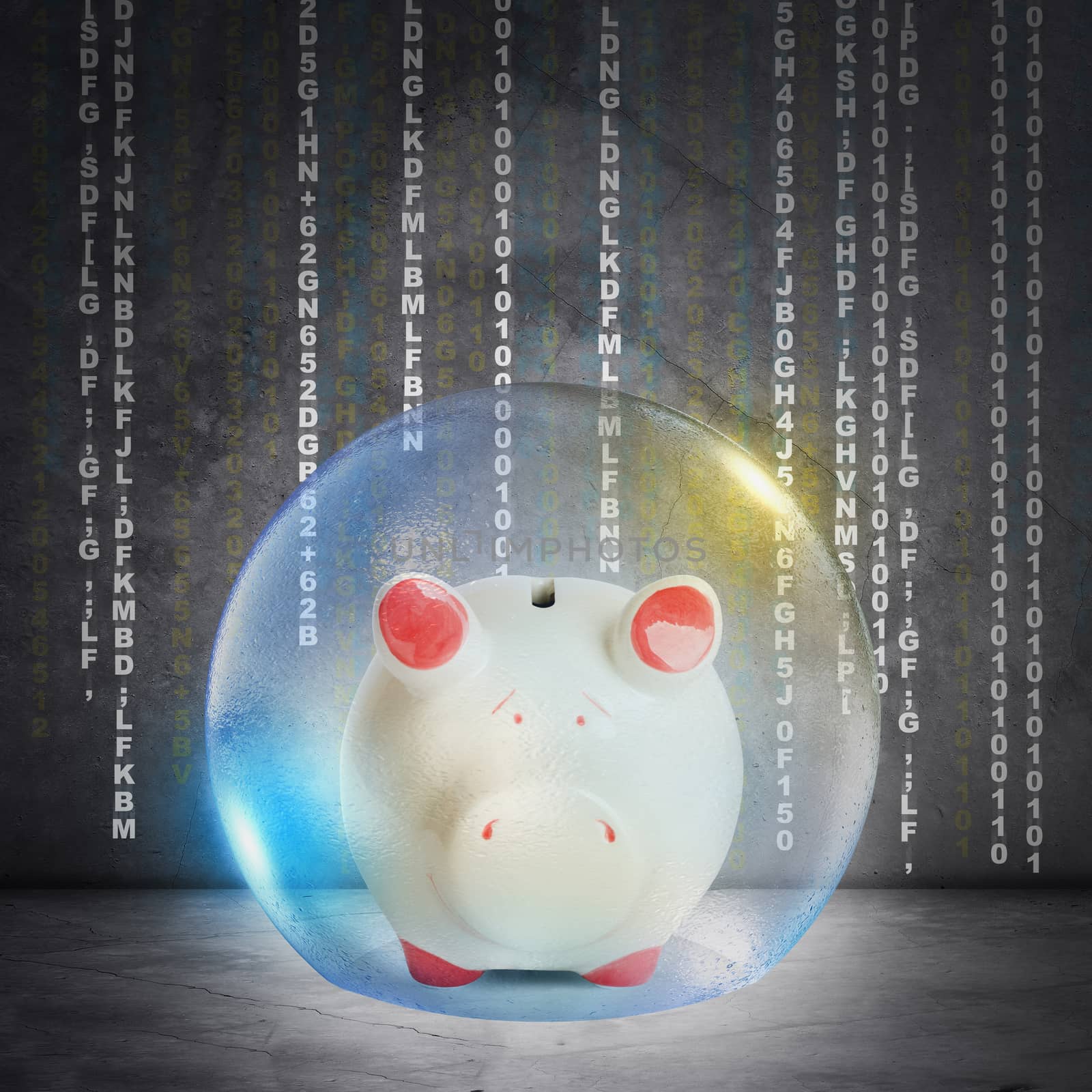 Piggy bank in bubble on abstract grey background