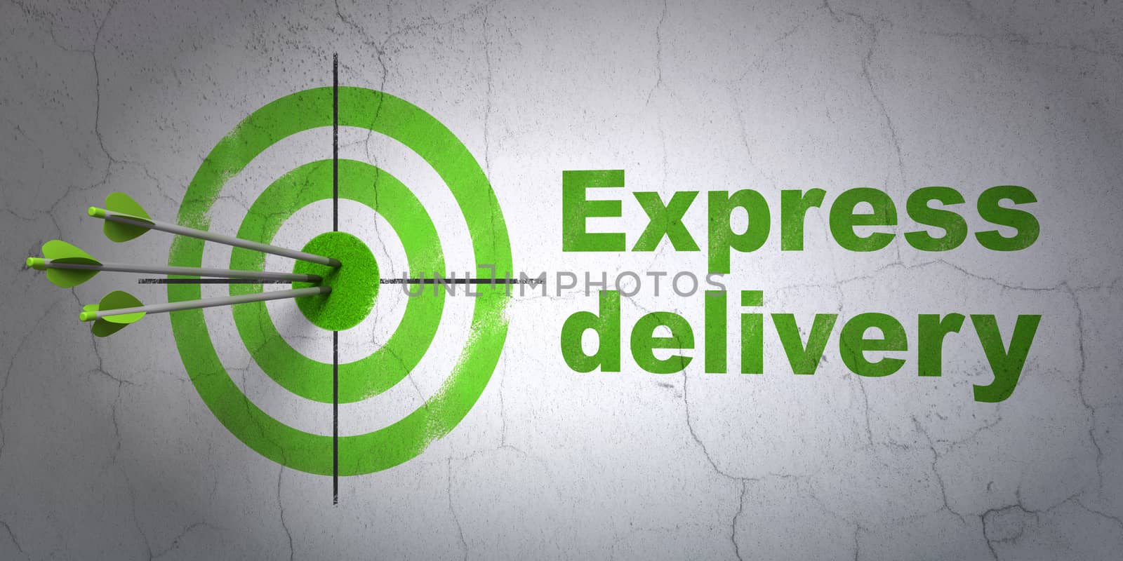 Success business concept: arrows hitting the center of target, Green Express Delivery on wall background