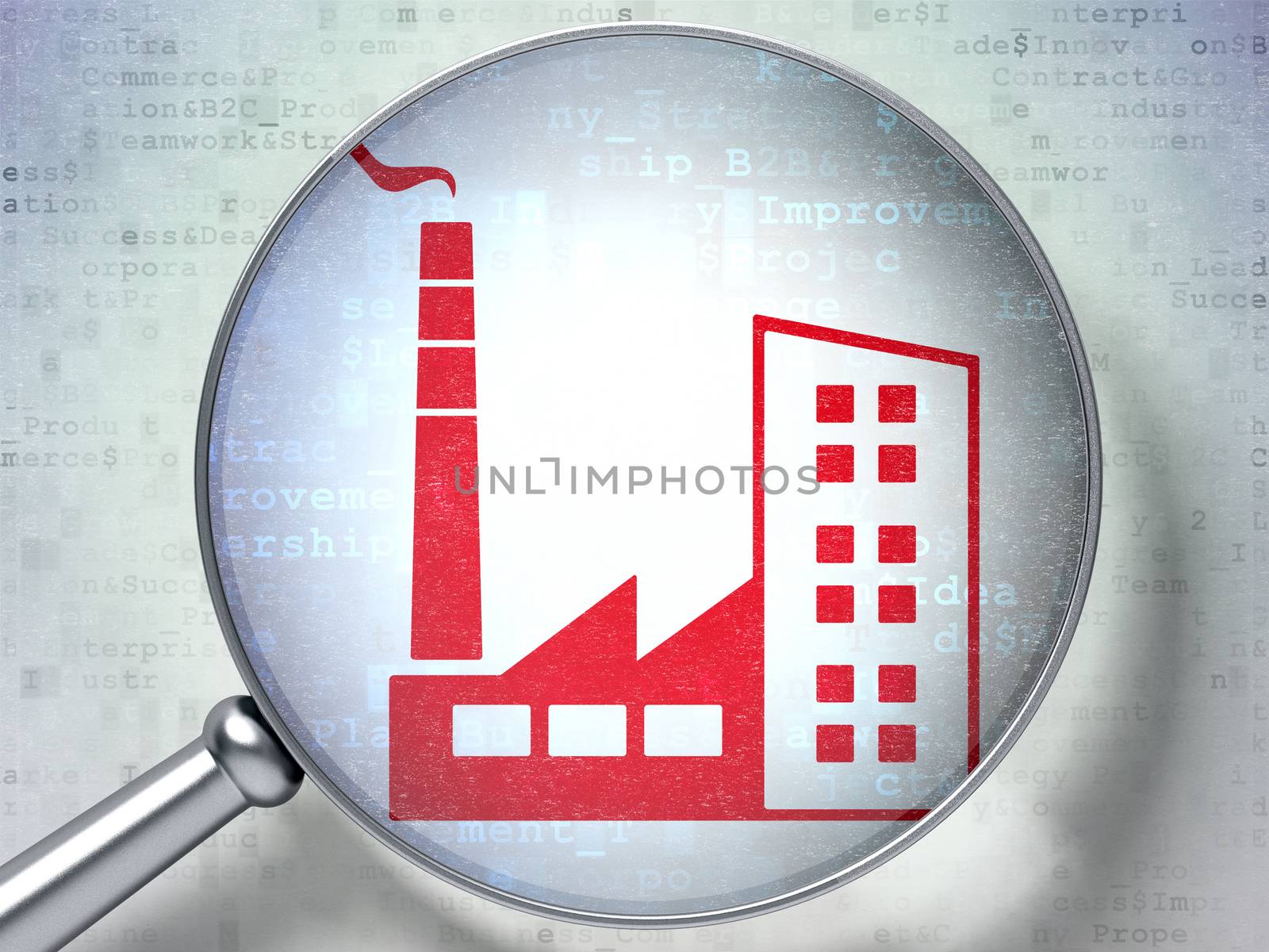 Finance concept: magnifying optical glass with Industry Building icon on digital background