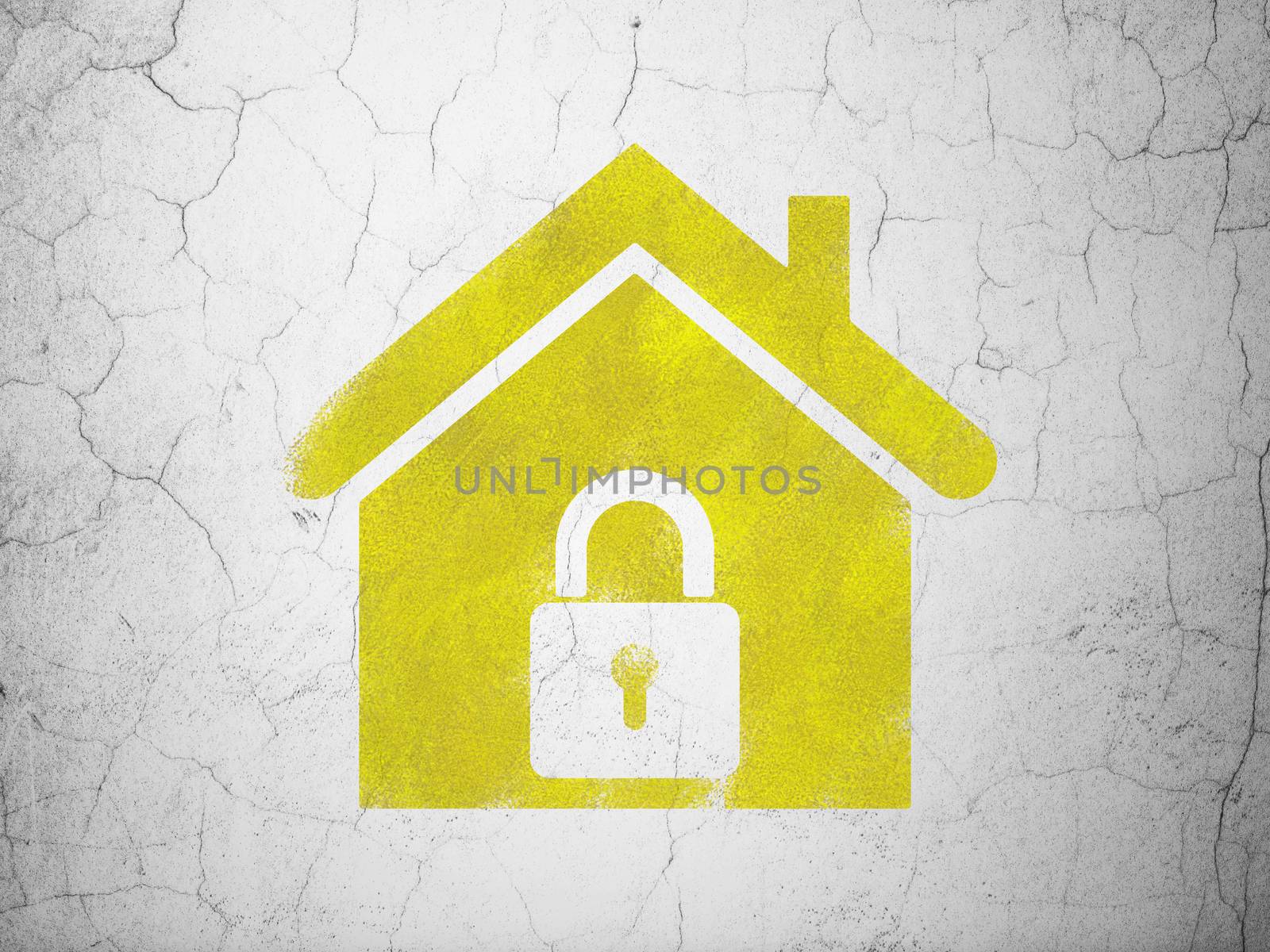Finance concept: Yellow Home on textured concrete wall background