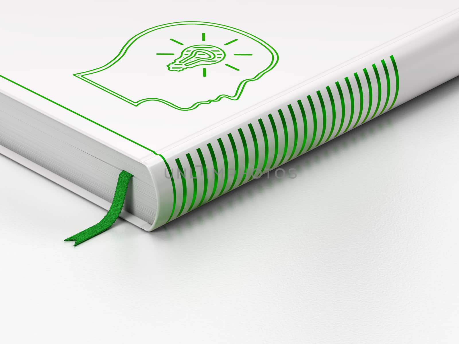 Finance concept: closed book with Green Head With Lightbulb icon on floor, white background, 3d render