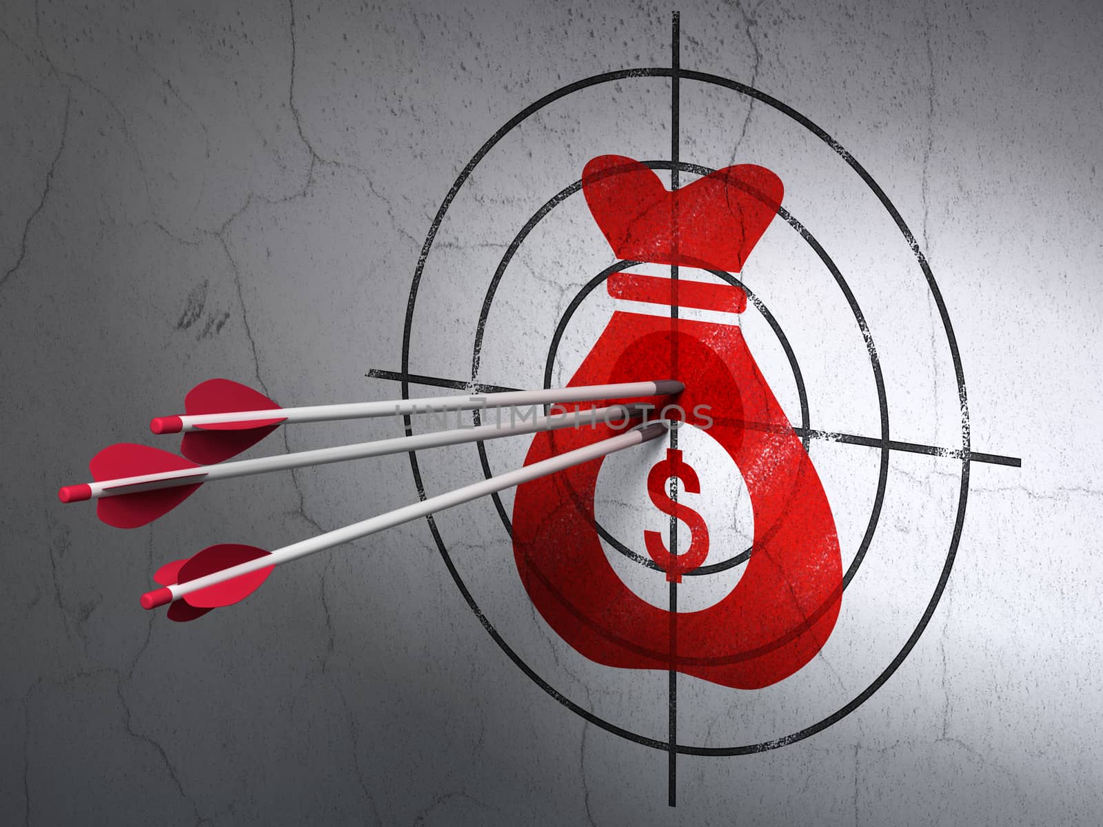 Success finance concept: arrows hitting the center of Red Money Bag target on wall background