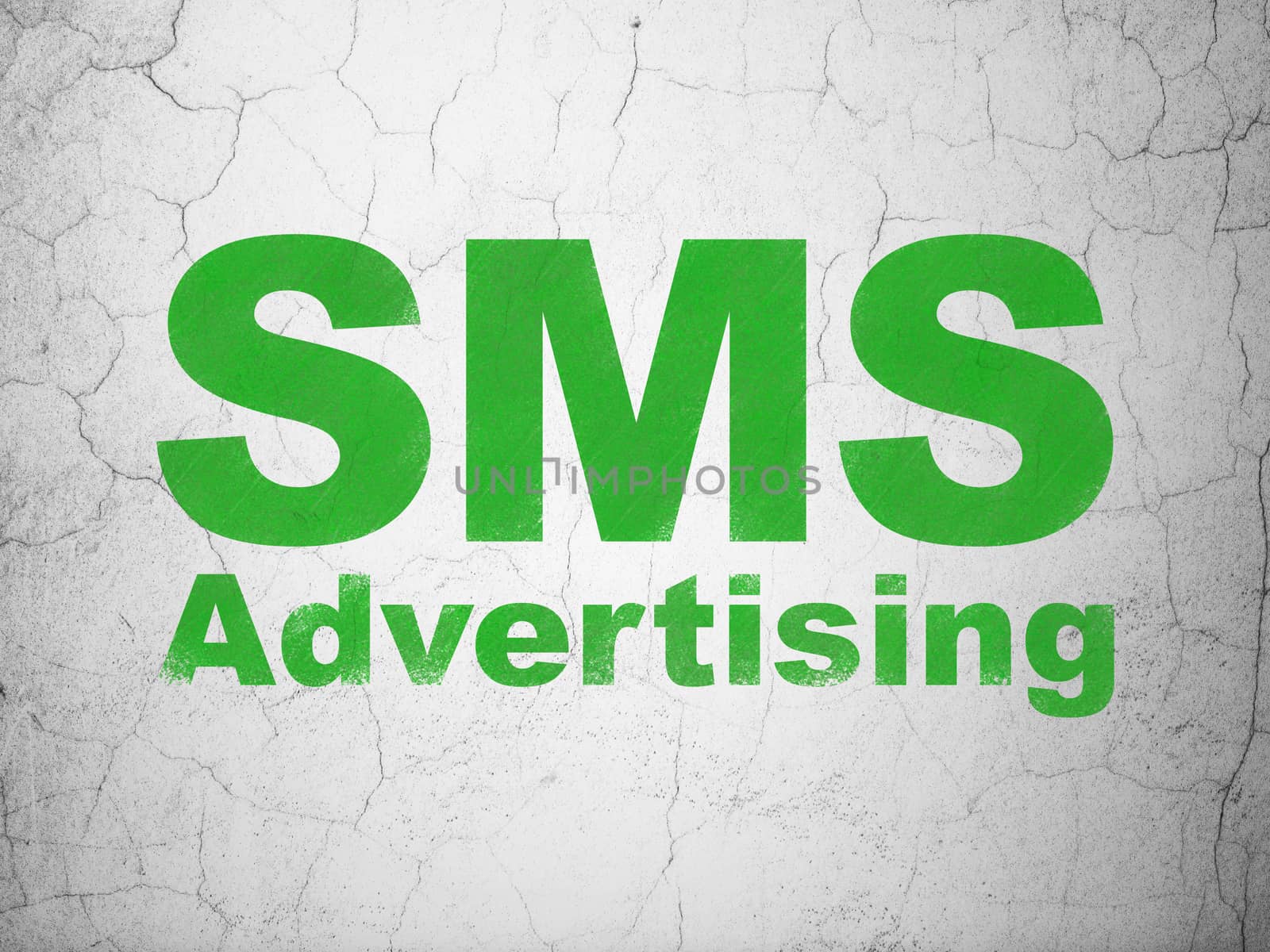 Advertising concept: Green SMS Advertising on textured concrete wall background