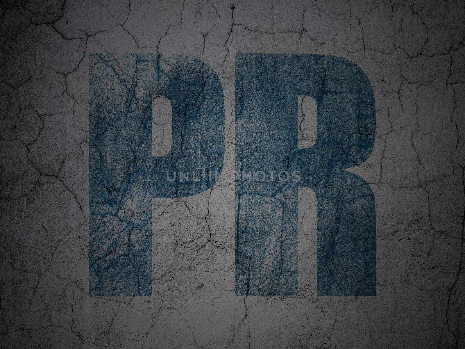 Advertising concept: Blue PR on grunge textured concrete wall background